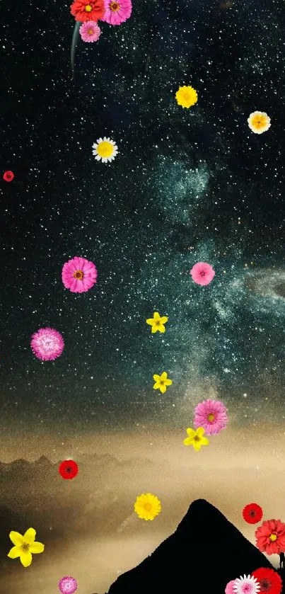 Starry night sky with vibrant flowers scattered elegantly.