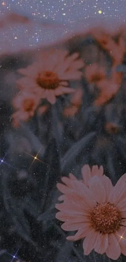 Flowers and stars in a dreamy night scene.