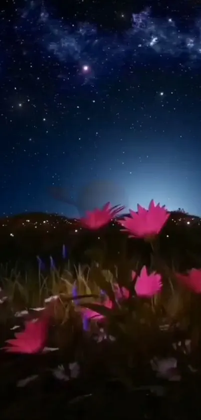 Starry night with pink flowers under a galaxy sky, creating a serene wallpaper.