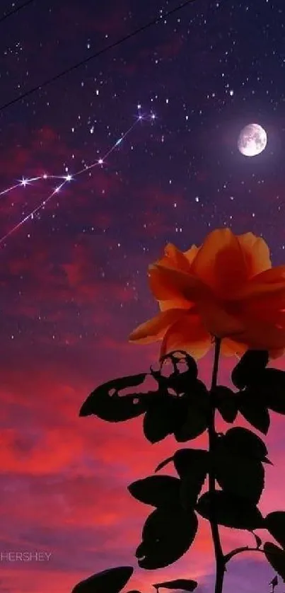 Orange flower silhouette against starry night sky with moon and constellation.