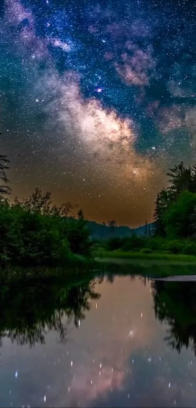 Starry night sky with forest and water reflection.