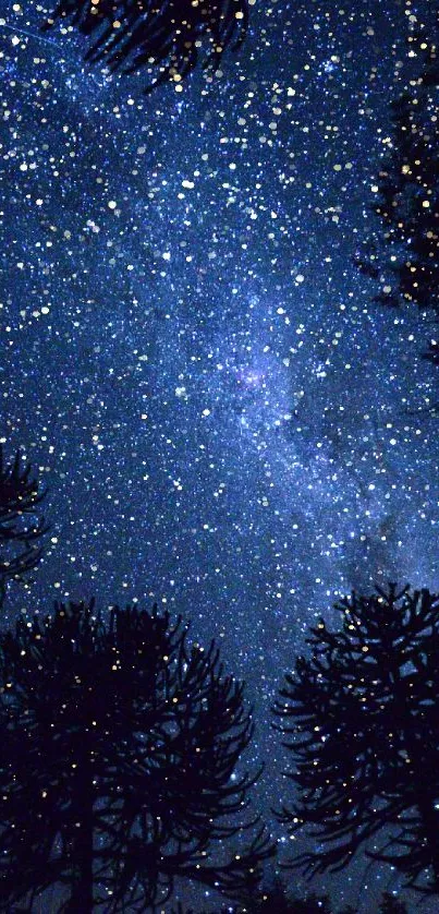 Starry night sky over forest silhouette with a cosmic view.