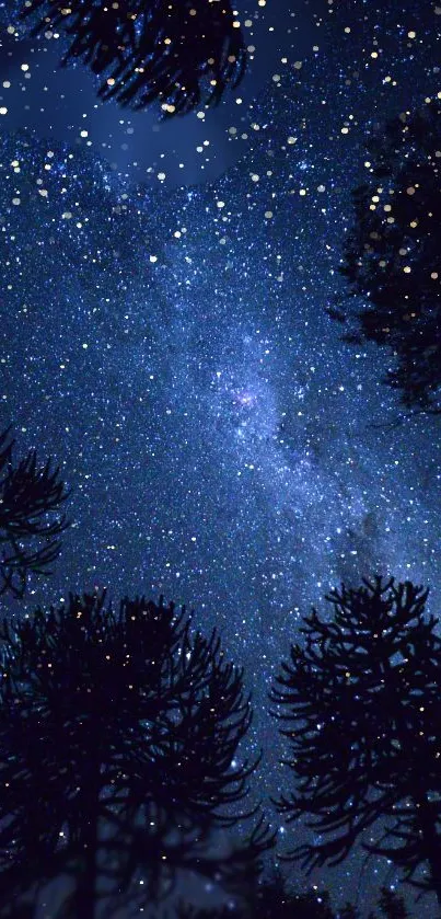 Starry night sky with forest silhouette under a galaxy of stars.