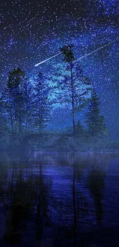 Starry night sky over a silhouetted forest and reflective lake.