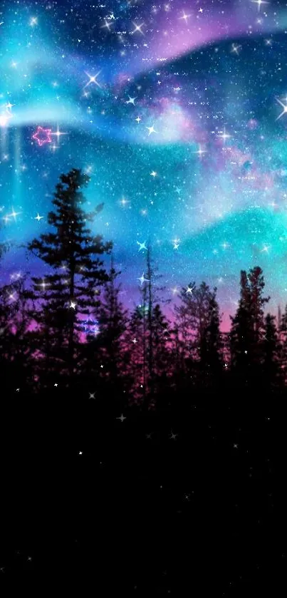 Starry night forest with aurora colors and silhouetted trees.