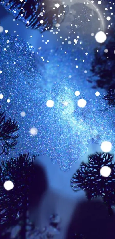 Starry night forest with twinkling stars and silhouetted trees.