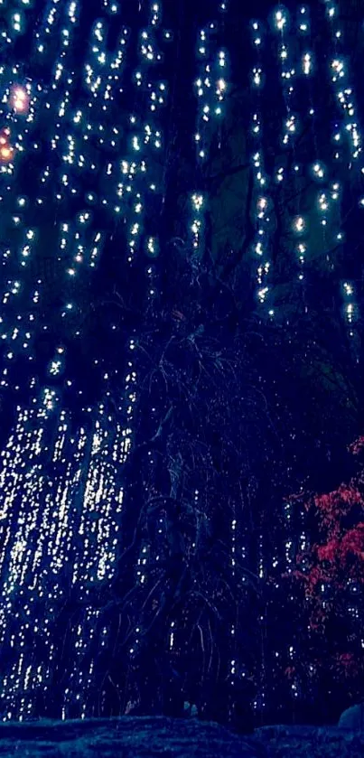 Enchanting starry night forest with twinkling lights.