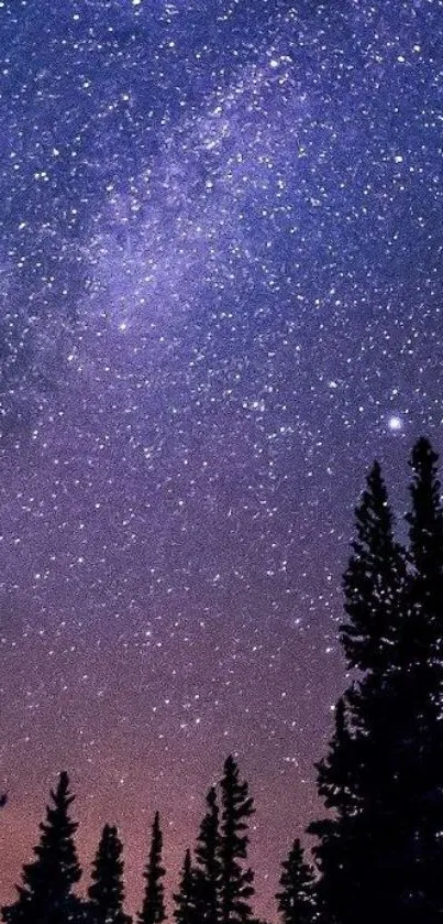 Starry night sky over forest silhouette wallpaper.