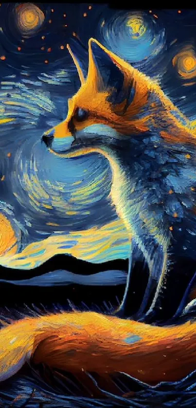 Artistic fox under a starry night sky with Van Gogh-inspired swirls.