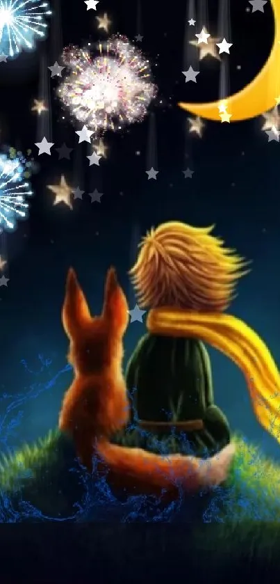 Child and fox under starry sky with fireworks.