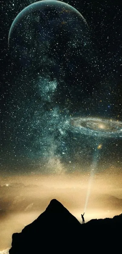 Silhouette against a starry galaxy with planets and mountain peaks.