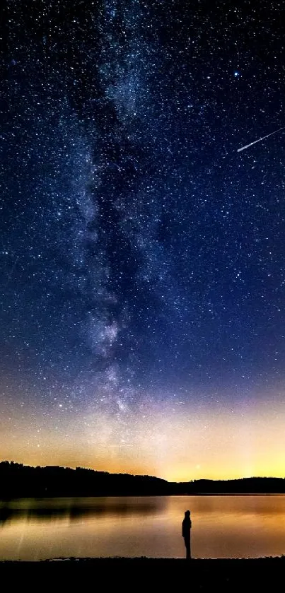 Person standing by a lake under a star-filled Milky Way sky at night.