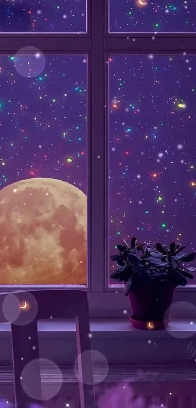 Mobile wallpaper with a starry night and a moon through a window.