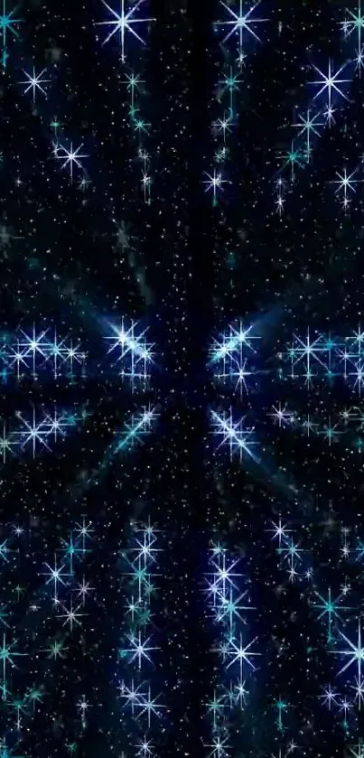 Starry night galaxy wallpaper with radiant blue stars on a cosmic dark background.