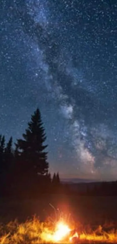 Milky Way galaxy over forest campfire under a starry night sky.