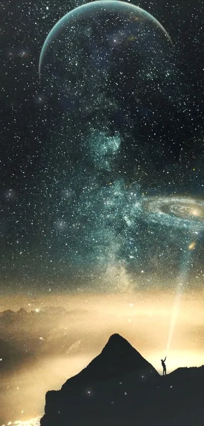 Silhouetted figure under starry galaxy night sky.