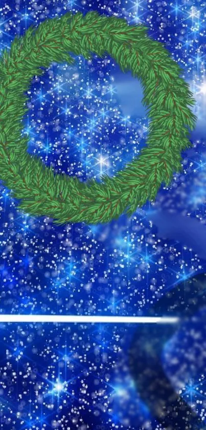 Green wreath on a starry blue galaxy background wallpaper.