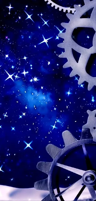 Dark blue night wallpaper with stars and gears.