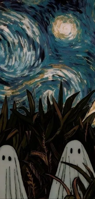 Whimsical starry night with ghosts art wallpaper.