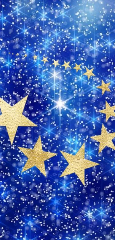 Starry night glitter wallpaper with golden stars on blue background.