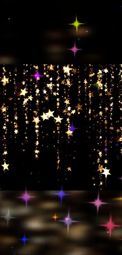 Mobile wallpaper with golden stars and glitter on a black background.