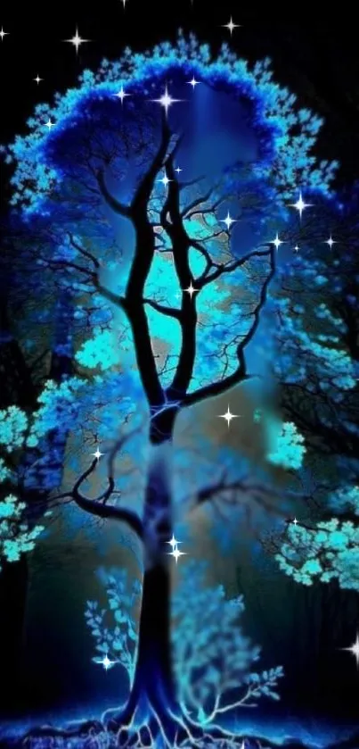 Glowing tree under a starry night sky with vibrant blue colors.