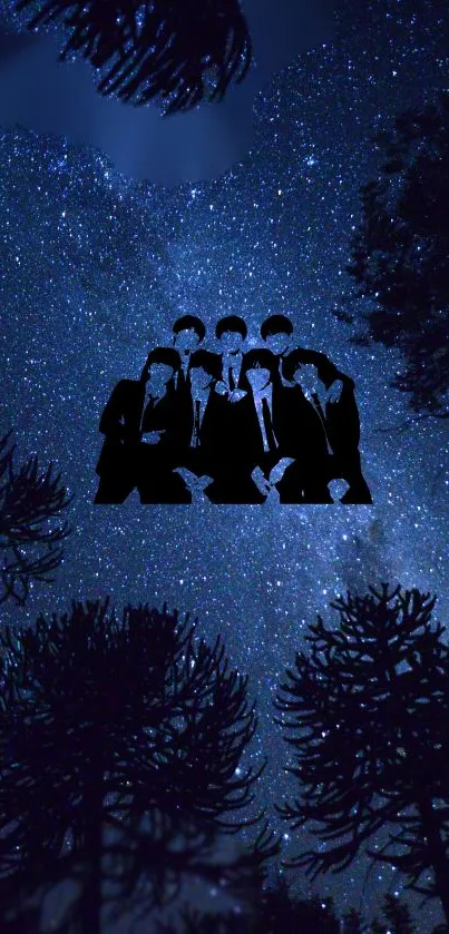 Silhouette of a group under a starry night sky surrounded by trees.