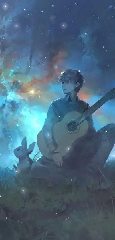 Guitarist under a starry, cosmic night sky wallpaper.