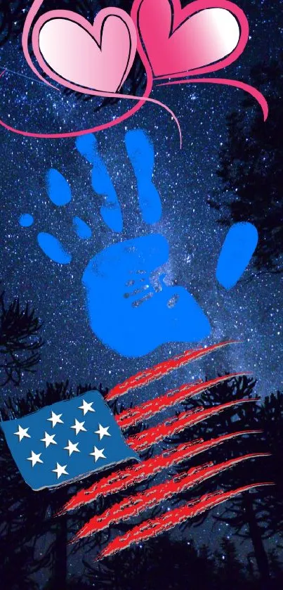 Mobile wallpaper with stars, handprint, hearts, and flag.