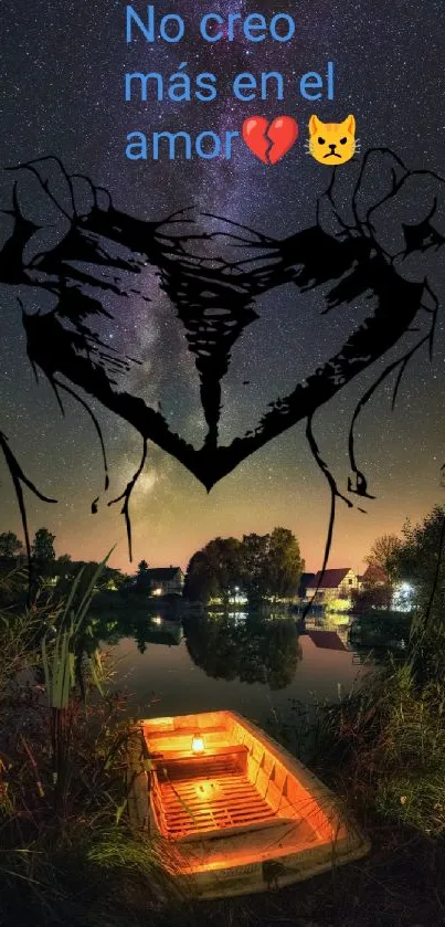 Night sky with a heart design over a calm lake with trees and stars.