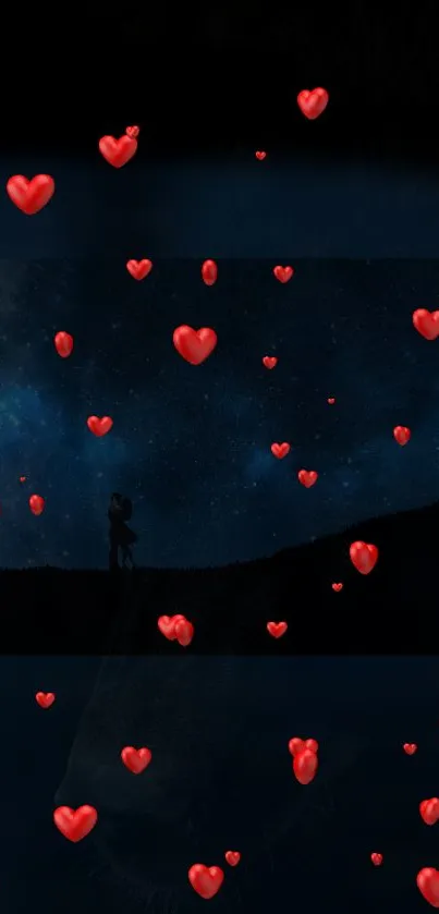 Starry night wallpaper with floating red hearts.