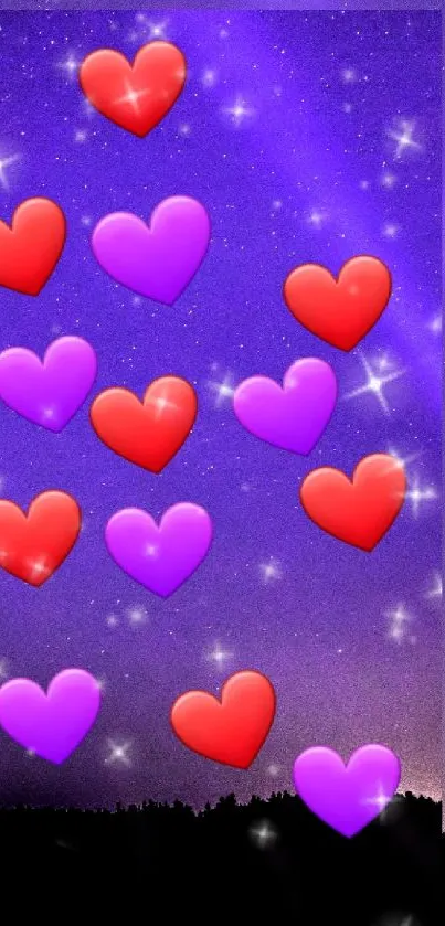 Mobile wallpaper with colorful hearts on a starry, purple night sky.