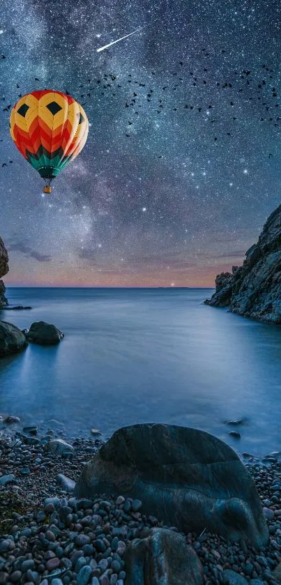 Hot air balloon over starry coastal night scene.