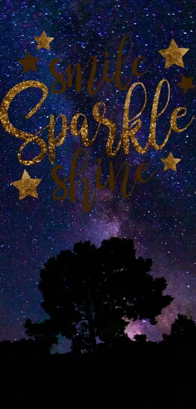 Dark blue starry sky with golden quote 'Smile, Sparkle, Shine' and silhouette of trees.