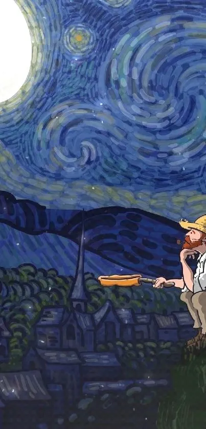 Van Gogh inspired phone wallpaper with starry night sky and moon.