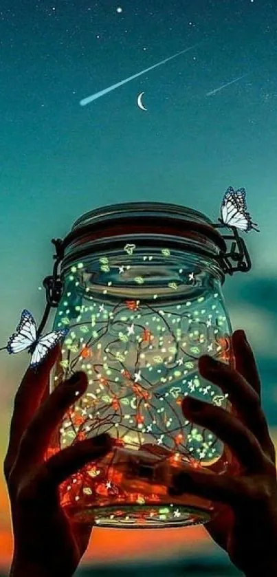 A jar of lights and butterflies against a starry night sky.