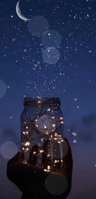 Enchanted night sky with stars and a jar of glowing lights.