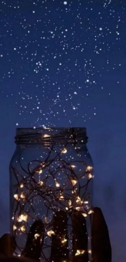 A jar of glowing lights against a starry dark blue sky.