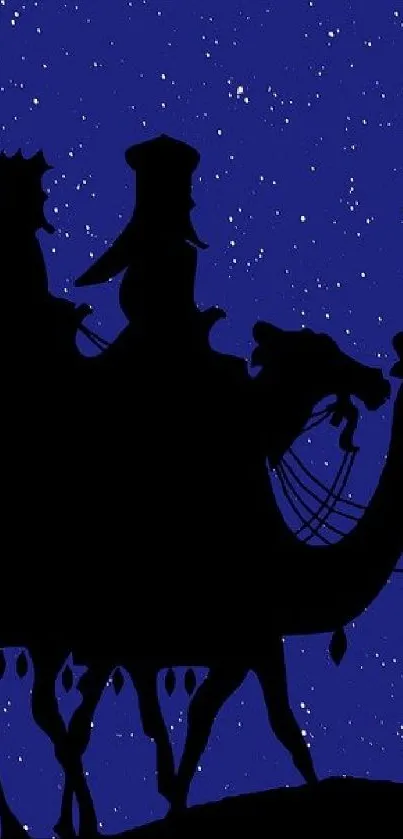 Silhouetted camels under starry night with comet.