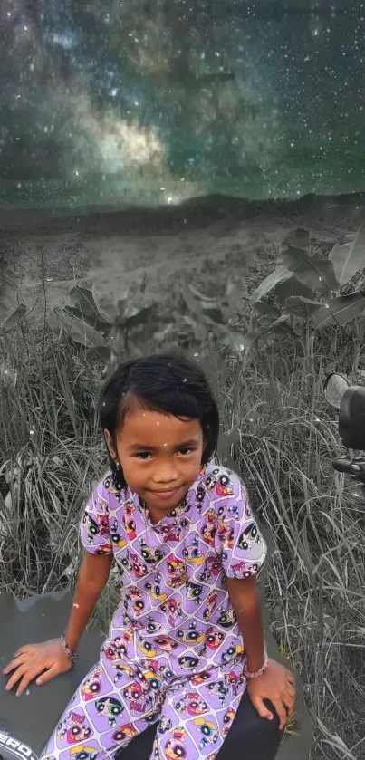 Child in pajamas under a galaxy-lit sky.