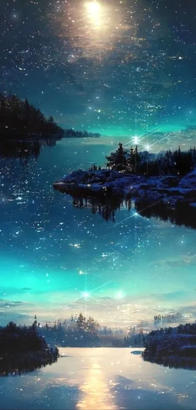 Starry night reflecting over a tranquil lake under a glowing moon.