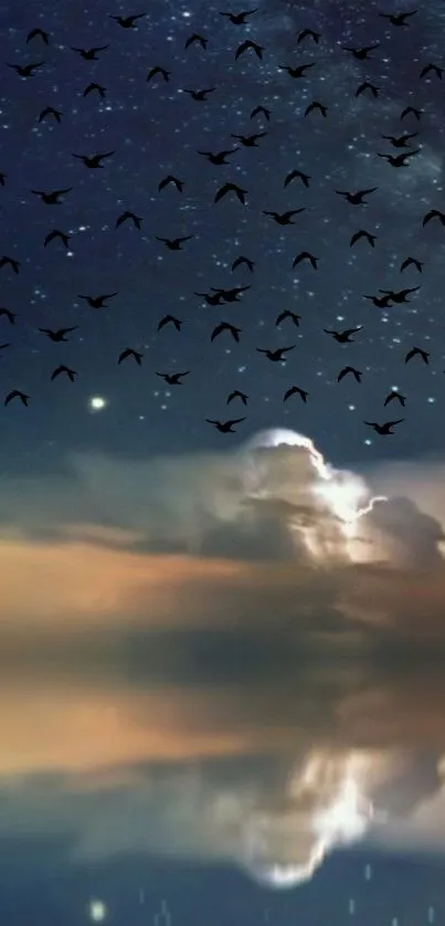 Starry night sky reflecting in a serene lake with silhouetted birds.