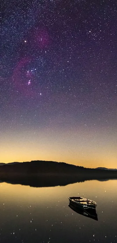 Boat on serene lake under a vibrant starry sky at night.