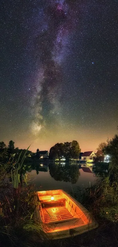 Milky Way over lake with glowing boat at night.