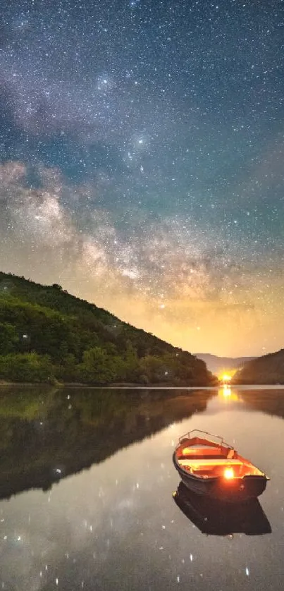 Starry night reflected in a lake with a glowing boat and vivid Milky Way.