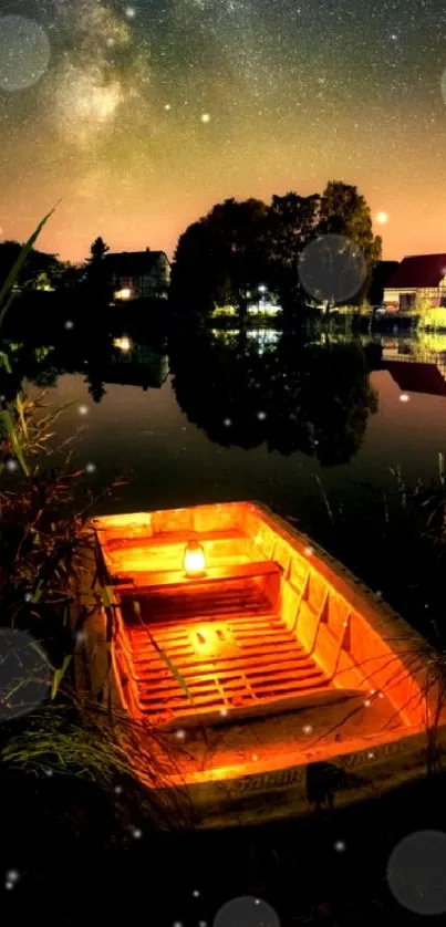 Starry night sky with Milky Way over lake and glowing orange boat.