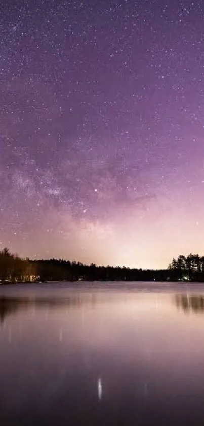 Starry night sky reflecting on a calm lake with purple hues.