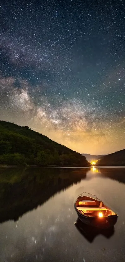 Boat on a serene lake under a starry night sky, reflecting cosmic beauty.