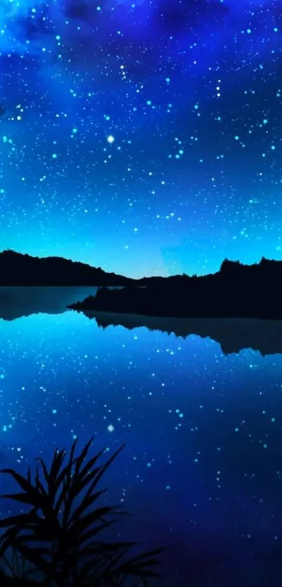 Starry night sky reflecting on a serene lake.