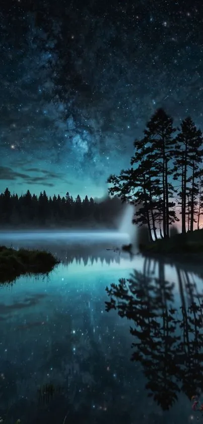 Starry night sky reflects on a serene lake with silhouetted trees.